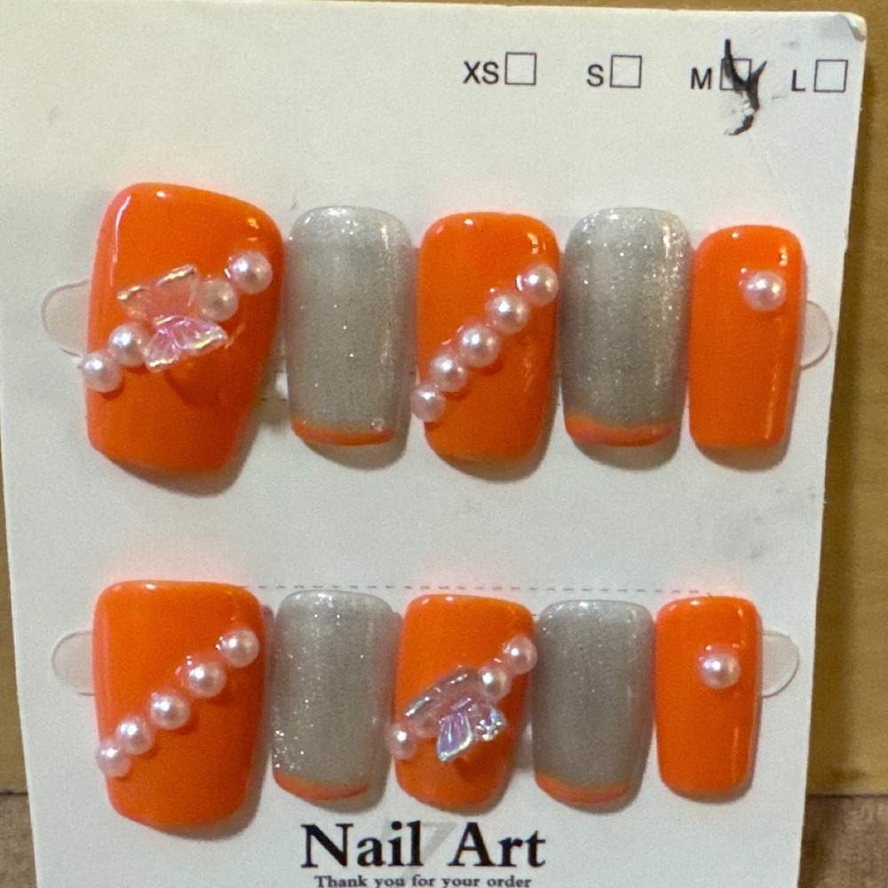 Orange and Silver Glitter Press On Nails with Pearls and Butterfly Charms Size M